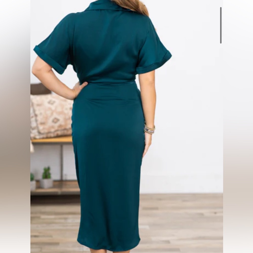 Teal Self Tie Midi Length Shirt Dress - Picture 3 of 3